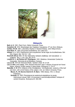 Bibliografía
Bell, A. D. 1991. Plant Form. Oxford University Press.
Camefort, M. 1972. Morphologie des Végétaux Vasculaires. 2da ed. Doin, Éditeurs.
Carlton, W. M. 1961. Laboratory Studies in General Botany. John Wiley & Sons.
Font Quer, P. 1993. Diccionario de Botánica. Ed. Labor.S.A.
Hickey, L. J. 1974. Clasificación de la arquitectura de las hojas de dicotiledóneas. Bol.
Soc. Argent. Bot. 16(1-2): 1-26.
Kirchoff, B.K.&.1984. On the relationship between phyllotaxy and vasculature: a
synthesis. Bot. J. Linn. Soc. 89: 37-51.
Lindorf H., L. de Parisca & P. Rodriguez. 1991. Botánica. Universidad Central de
Venezuela. Ediciones de la Biblioteca. Caracas.
Lee, D. W. 1977.On Iridiscent Plants. Garden´s Bull. 30: 21-29.
Lee, D. W & J. B. Lowry. 1979. Abaxial antocianin layer in leaves of tropical rain forest
plants: enhacer of light capture in deep shade. Biotropica 11: 70-77
Metcalfe, C. R.1979. Anatomy of the Dicotyledons. Vol.I:Systematic anatomy of the leaf
and stem, with a brief history of the subject. 2nd. ed. Oxford University Press.
Moore, R., W. Dennis Clark & K. R. Stern. 1995. Botany. Wm. C. Brown
Publishers.
Schluter, U. 1993. Phisiological ad anatomical adaptations by young
Astrocaryum januari Mart. (A recaceae) in periodicallyinundated biotopes of
central Amazonia. Biotropica 25: 384-396
 