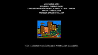 UNIVERSIDAD ARCIS
                ESCUELA DE TRABAJO SOCIAL
   CURSO INTERVENCIÓN SOCIAL 3, V SEMESTRE DE LA CARRERA.
                  PRIMER SEMESTRE 2013
               PROFESOR: CARLOS FUENSALIDA




TEMA 2: ASPECTOS PRELIMINARES DE LA INVESTIGACIÓN DIAGNÓSTICA
 