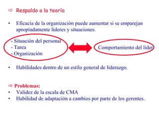 Respaldo a la teoría
• Eficacia de la organización puede aumentar si se emparejan
apropiadamente líderes y situaciones.
• Habilidades dentro de un estilo general de liderazgo.
Problemas:
• Validez de la escala de CMA
• Habilidad de adaptación a cambios por parte de los gerentes.
Comportamiento del líder
- Situación del personal
- Tarea
- Organización
 