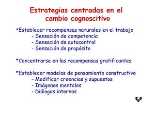 *Establecer recompensas naturales en el trabajo
- Sensación de competencia
- Sensación de autocontrol
- Sensación de propósito
*Concentrarse en las recompensas gratificantes
*Establecer modelos de pensamiento constructivo
- Modificar creencias y supuestos
- Imágenes mentales
- Diálogos internos
Estrategias centradas en el
cambio cognoscitivo
 