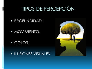 TIPOS DE PERCEPCIÓN
 PROFUNDIDAD.
 MOVIMIENTO.
 COLOR.
 ILUSIONES VISUALES.
 
