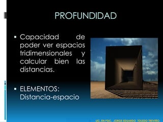 PROFUNDIDAD
 Capacidad de
poder ver espacios
tridimensionales y
calcular bien las
distancias.
 ELEMENTOS:
Distancia-espacio
 LIC. EN PSIC. JORGE EDUARDO TOLEDO TREVIÑO
 