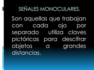 Son aquellas que trabajan
con cada ojo por
separado utiliza claves
pictóricas para descifrar
objetos a grandes
distancias.
SEÑALES MONOCULARES.
 