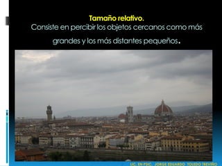 Tamaño relativo.
Consiste en percibir los objetos cercanos como más
grandes y los más distantes pequeños.
 LIC. EN PSIC. JORGE EDUARDO TOLEDO TREVIÑO
 