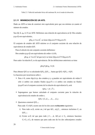 2. Autómatas Finitos 2.1 Autómatas Finitos Deterministas (AFD)
© Inmaculada Luengo
28
Tabla 2.3. Tabla del analizador léxico del autómata M3 sin el estado de absorción.
2.1.11 MINIMIZACIÓN DE UN AFD.
Dado un AFD se trata de construir otro equivalente pero que sea mínimo en cuanto al
número de estados.
Sea (Q, Σ, q0, δ, F) un AFD. Definimos una relación de equivalencia en Q: Dos estados
p,q∈Q son equivalentes,
pEq, si ∀ω∈Σ*
, se tiene (δ(p,ω)∈F δ(q,ω)∈F)
El conjunto de estados del AFD mínimo es el conjunto cociente de esta relación de
equivalencia de estados Q/E.
Para el cálculo de este conjunto cociente definimos:
Dos estados p,q∈Q son equivalentes de orden r (r≥0),
pErq, si ∀ω∈Σ*
tal que |ω|≤r se tiene (δ(p,ω)∈F δ(q,ω)∈F)
Para cada r la relación Er es de equivalencia. De las definiciones anteriores se tiene
pEq pErq, ∀r≥0.
Para obtener Q/E se va calculando Q/E0, Q/E1,... hasta que Q/Er=Q/Er+1=Q/E.
Lo hacemos por recurrencia sobre r.
Para r=0, como δ(p,λ)=p, dos estados p y q pueden ser equivalentes de orden 0
sólo si ambos son estados finales (p,q∈F) o si ambos son estados no finales
(p,q∉F) así el conjunto cociente de la relación de equivalencia E0 será
Q/E0 = {F, F }.
Supongamos que hemos calculado el conjunto cociente para la relación de
equivalencia de estados de orden r,
Q/Er={C1,C2,…,Ci,…,Ck}.
Queremos construir Q/Er+1.
Para cada Ci∈Q/Er ocurre uno de los dos casos excluyentes siguientes:
i) Para todo a∈Σ, existe un j tal que δ(Ci, a)⊆Cj , entonces incluimos Ci en
Q/Er+1.
ii) Existe a∈Σ tal que para todo j=1,…,k, δ(Ci,a) ⊄ Cj, entonces hacemos
Ci=Ci1∪Ci2 de manera que para cada uno de los dos subconjuntos creados
 