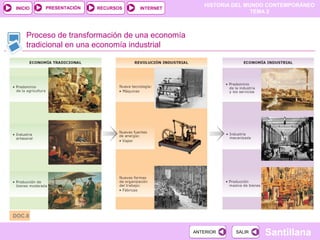 HISTORIA DEL MUNDO CONTEMPORÁNEO
TEMA 2
RECURSOS INTERNETPRESENTACIÓN
Santillana
INICIO
SALIRSALIRANTERIORANTERIOR
Proceso de transformación de una economía
tradicional en una economía industrial
DOC.8
 