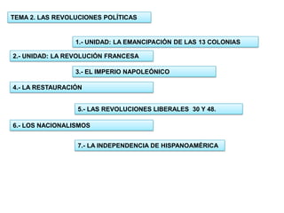 TEMA 2. LAS REVOLUCIONES POLÍTICAS
2.- UNIDAD: LA REVOLUCIÓN FRANCESA
3.- EL IMPERIO NAPOLEÓNICO
4.- LA RESTAURACIÓN
5.- LAS REVOLUCIONES LIBERALES 30 Y 48.
6.- LOS NACIONALISMOS
1.- UNIDAD: LA EMANCIPACIÓN DE LAS 13 COLONIAS
7.- LA INDEPENDENCIA DE HISPANOAMÉRICA
 