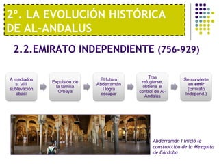 2º. LA EVOLUCIÓN HISTÓRICA
DE AL-ANDALUS
2.2.EMIRATO INDEPENDIENTE (756-929)
Abderramán I inició la
construcción de la Mezquita
de Córdoba
 