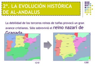 1º. UNA ECONOMÍA MODERNA
2º. LA EVOLUCIÓN HISTÓRICA
DE AL-ANDALUS
La debilidad de los terceros reinos de taifas provocó un gran
avance cristianos. Sólo sobrevivió el reino nazarí de
Granada:
1210 1300
 