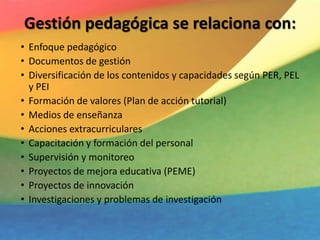 • Enfoque pedagógico
• Documentos de gestión
• Diversificación de los contenidos y capacidades según PER, PEL
y PEI
• Formación de valores (Plan de acción tutorial)
• Medios de enseñanza
• Acciones extracurriculares
• Capacitación y formación del personal
• Supervisión y monitoreo
• Proyectos de mejora educativa (PEME)
• Proyectos de innovación
• Investigaciones y problemas de investigación
Gestión pedagógica se relaciona con:
 