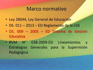 Marco normativo
• Ley 28044, Ley General de Educación
• DS. 011 – 2013 – ED Reglamento de la LGE
• DS. 009 – 2005 – ED Sistema de Gestión
Educativa
• RVM N° 038-2009-ED Lineamientos y
Estrategias Generales para la Supervisión
Pedagógica
 