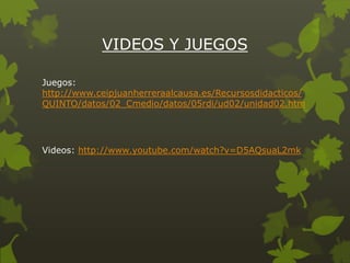 VIDEOS Y JUEGOS
Juegos:
http://www.ceipjuanherreraalcausa.es/Recursosdidacticos/
QUINTO/datos/02_Cmedio/datos/05rdi/ud02/unidad02.htm

Videos: http://www.youtube.com/watch?v=D5AQsuaL2mk

 