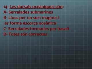 14- Les dorsals oceàniques són:
A- Serralades submarines
B- Llocs per on surt magma i
es forma escorça oceànica
C- Serralades formades per basalt
D- Totes són correctes

 