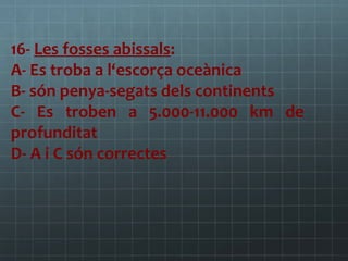 16- Les fosses abissals:
A- Es troba a l‘escorça oceànica
B- són penya-segats dels continents
C- Es troben a 5.000-11.000 km de
profunditat
D- A i C són correctes

 