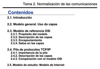 Tema 2. Normalización de las comunicaciones

Contenidos
2.1. Introducción
2.2. Modelo general. Uso de capas
2.3. Modelo de referencia OSI

2.3.1. Propósito del modelo
2.3.2. Descripción de las capas
2.3.3. Encapsulamiento
2.3.4. Datos en las capas

2.4. Pila de protocolos TCP/IP

2.4.1. Importancia de la pila
2.4.2. Descripción de las capas
2.4.3. Comparación con el modelo OSI

2.5. Modelo de estudio: Modelo de Internet

 