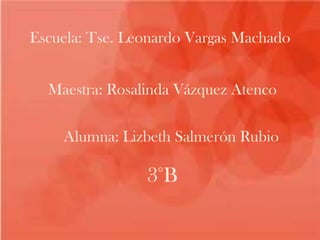 Escuela: Tse. Leonardo Vargas Machado
Maestra: Rosalinda Vázquez Atenco
Alumna: Lizbeth Salmerón Rubio

3°B

 