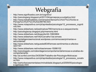 Webgrafia
O http://www.significados.com.br/cognitivo/
O http://psicologiarg.blogspot.pt/2011/04/percepcao-e-subjetiva.html
O http://www.trabalhosfeitos.com/ensaios/Sensa%C3%A7%C3%A3o-e-
Percep%C3%A7%C3%A3o/99746.html
O http://www.notapositiva.com/pt/apntestbs/psicologia/12_processos_cogniti
vos.htm
O http://www.slideshare.net/pedroalves790/memoria-e-o-esquecimento
O http://psicologiacop.blogspot.pt/p/memoria.html
O http://www.slideshare.net/diogozito/44-10603804
O http://www.slideshare.net/VitorCarvalho1/as-emoes
O http://ainteligenciaemocional.wordpress.com/emocoes/primarias-e-
secundarias/
O http://www.slideshare.net/guested634f/emoes-sentimentos-e-afectos-
3221191
O http://www.slideshare.net/norbas/emoes-15086102
O http://psicologado.com/abordagens/comportamental/emocao-e-analise-do-
comportamento
O http://pt.scribd.com/doc/3435394/Trabalho-de-Psicologia-Motivacao
O http://www.notapositiva.com/pt/apntestbs/psicologia/12_processos_conativ
os.htm
O http://perturbacoesmentaisecriminalidade.blogspot.pt/2009/05/psicologia-
e-agressao.html
 