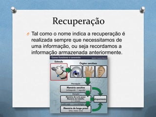 Recuperação
O Tal como o nome indica a recuperação é
realizada sempre que necessitamos de
uma informação, ou seja recordamos a
informação armazenada anteriormente.
 