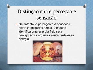 Distinção entre perceção e
sensação
O No entanto, a perceção e a sensação
estão interligadas pois a sensação
identifica uma energia física e a
percepção as organiza e interpreta essa
energia.
 
