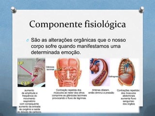 Componente fisiológica
O São as alterações orgânicas que o nosso
corpo sofre quando manifestamos uma
determinada emoção.
 