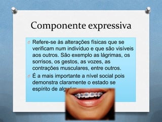 Componente expressiva
O Refere-se às alterações físicas que se
verificam num indivíduo e que são visíveis
aos outros. São exemplo as lágrimas, os
sorrisos, os gestos, as vozes, as
contrações musculares, entre outros.
O É a mais importante a nível social pois
demonstra claramente o estado se
espírito de alguém.
 