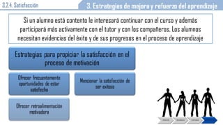 3.2.4. Satisfacción
Si un alumno está contento le interesará continuar con el curso y además
participará más activamente con el tutor y con los compañeros. Los alumnos
necesitan evidencias del éxito y de sus progresos en el proceso de aprendizaje
 