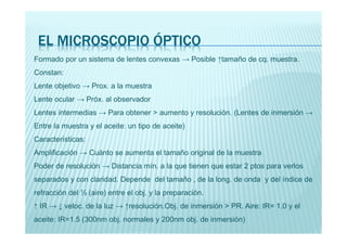 EL MICROSCOPIO ÓPTICO 
Formado por un sistema de lentes convexas → Posible ↑tamaño de cq. muestra. 
Constan: 
Lente objetivo → Prox. a la muestra 
Lente ocular → Próx. al observador 
Lentes intermedias → Para obtener  aumento y resolución. (Lentes de inmersión → 
Entre la muestra y el aceite: un tipo de aceite) 
Características: 
Amplificación → Cuánto se aumenta el tamaño original de la muestra 
Poder de resolución → Distancia mín. a la que tienen que estar 2 ptos para verlos 
separados y con claridad. Depende del tamaño , de la long. de onda y del índice de 
refracción del ½ (aire) entre el obj. y la preparación. 
↑ IR → ↓ veloc. de la luz → ↑resolución.Obj. de inmersión  PR. Aire: IR= 1.0 y el 
aceite: IR=1.5 (300nm obj. normales y 200nm obj. de inmersión) 
 