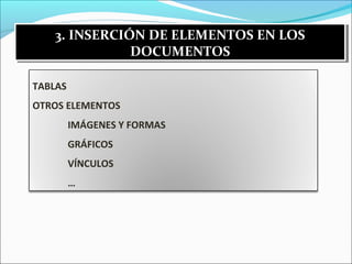 3. INSERCIÓN DE ELEMENTOS EN LOS 
3. INSERCIÓN DE ELEMENTOS EN LOS 
DOCUMENTOS 
DOCUMENTOS 
TABLAS 
OTROS ELEMENTOS 
IMÁGENES Y FORMAS 
GRÁFICOS 
VÍNCULOS 
… 
 