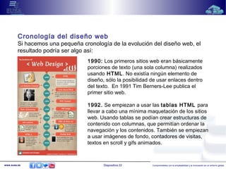 Cronología del diseño web 
Si hacemos una pequeña cronología de la evolución del diseño web, el 
resultado podría ser algo así: 
1990: Los primeros sitios web eran básicamente 
porciones de texto (una sola columna) realizados 
usando HTML. No existía ningún elemento de 
diseño, sólo la posibilidad de usar enlaces dentro 
del texto. En 1991 Tim Berners-Lee publica el 
primer sitio web. 
1992. Se empiezan a usar las tablas HTML para 
llevar a cabo una mínima maquetación de los sitios 
web. Usando tablas se podían crear estructuras de 
contenido con columnas, que permitían ordenar la 
navegación y los contenidos. También se empiezan 
a usar imágenes de fondo, contadores de visitas, 
textos en scroll y gifs animados. 
www.eusa.es Diapositiva 22 Comprometidos con la empleabilidad y la innovación en un entorno global 
 