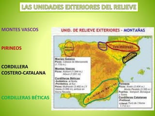 MONTES VASCOS 
PIRINEOS 
CORDILLERA 
COSTERO-CATALANA 
CORDILLERAS BÉTICAS 
 