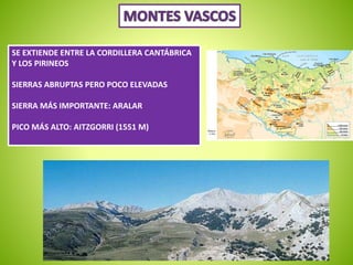 SE EXTIENDE ENTRE LA CORDILLERA CANTÁBRICA 
Y LOS PIRINEOS 
SIERRAS ABRUPTAS PERO POCO ELEVADAS 
SIERRA MÁS IMPORTANTE: ARALAR 
PICO MÁS ALTO: AITZGORRI (1551 M) 
 