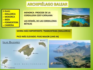 5 ISLAS: 
-- MALLORCA 
-- MENORCA 
-- IBIZA 
-- FORMENTERA 
-- CABRERA 
MENORCA PROCEDE DE LA 
CORDILLERA COST-CATALANA 
LAS DEMÁS, DE LAS CORDILLERAS 
BÉTICAS 
SIERRA MÁS IMPORTANTE: TRAMUNTANA (MALLORCA) 
PICO MÁS ELEVADO: PUIG MAJOR (1445 M) 
 