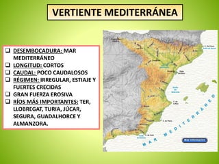 VERTIENTE MEDITERRÁNEA 
 DESEMBOCADURA: MAR 
MEDITERRÁNEO 
 LONGITUD: CORTOS 
 CAUDAL: POCO CAUDALOSOS 
 RÉGIMEN: IRREGULAR, ESTIAJE Y 
FUERTES CRECIDAS 
 GRAN FUERZA EROSIVA 
 RÍOS MÁS IMPORTANTES: TER, 
LLOBREGAT, TURIA, JÚCAR, 
SEGURA, GUADALHORCE Y 
ALMANZORA. 
 