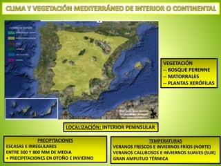 LOCALIZACIÓN: INTERIOR PENINSULAR 
PRECIPITACIONES 
ESCASAS E IRREGULARES 
ENTRE 300 Y 800 MM DE MEDIA 
+ PRECIPITACIONES EN OTOÑO E INVIERNO 
VEGETACIÓN 
-- BOSQUE PERENNE 
-- MATORRALES 
-- PLANTAS XERÓFILAS 
TEMPERATURAS 
VERANOS FRESCOS E INVIERNOS FRÍOS (NORTE) 
VERANOS CALUROSOS E INVIERNOS SUAVES (SUR) 
GRAN AMPLITUD TÉRMICA 
 