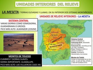 LA MESETA: TIERRAS ELEVADAS Y LLANAS. EN SU INTERIOR DOS SITEMAS MONTAÑOSOS 
SISTEMA CENTRAL 
VARIAS SIERRAS COMO SOMOSIERRA, 
GUADARRAMA O GREDOS 
PICO MÁS ALTO: ALMANZOR (2592M) 
MONTES DE TOLEDO 
CUMBRES Y SIERRAS SUAVES. 
SIERRA IMPORTANTE: GUADALUPE. 
PICO MÁS ALTO: LAS VILLUERCAS (1601 M) 
 
