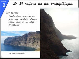 UNIDAD 
2 
2. El relieve de los archipiélagos 
– Las costas 
 Predominan acantilados 
pero hay también playas, 
sobre todo en las islas 
orientales. 
Los Gigantes (Tenerife) 
 