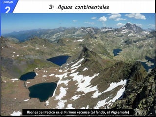 UNIDAD 
2 
3. Aguas continentales 
Ibones del Pecico en el Pirineo oscense (al fondo, el Vignemale) 
 