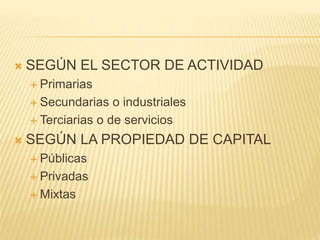  SEGÚN EL SECTOR DE ACTIVIDAD
 Primarias
 Secundarias o industriales
 Terciarias o de servicios
 SEGÚN LA PROPIEDAD DE CAPITAL
 Públicas
 Privadas
 Mixtas
 