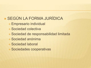  SEGÚN LA FORMA JURÍDICA
 Empresario individual
 Sociedad colectiva
 Sociedad de responsabilidad limitada
 Sociedad anónima
 Sociedad laboral
 Sociedades cooperativas
 