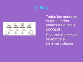 b. Bus
Todos los nodos de
la red quedan
unidos a un cable
principal .
Si el cable principal
se rompe el
sistema colapsa
 