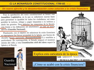 Un nuevo ejército y la desamortización como solución a la crisis financiera
C) LA MONARQUÍA CONSTITUCIONAL.1789-92. PP. 28
Explica esta caricatura de la época
¿Cómo se acabó con la crisis financiera?
Guardia
Nacional
 
