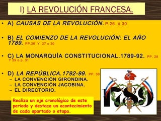 I) LA REVOLUCIÓN FRANCESA.
• A) CAUSAS DE LA REVOLUCIÓN. P.26 ó 30
• B) EL COMIENZO DE LA REVOLUCIÓN: EL AÑO
1789. PP.26 Y 27 o 30
• C) LA MONARQUÍA CONSTITUCIONAL.1789-92. PP. 28
Y 29 o p. 31
• D) LA REPÚBLICA.1792-99. PP. 30 Y 31 ö p. 32 y 33
– LA CONVENCIÓN GIRONDINA.
– LA CONVENCIÓN JACOBINA.
– EL DIRECTORIO.
Realiza un eje cronológico de este
periodo y destaca un acontecimiento
de cada apartado o etapa.
 
