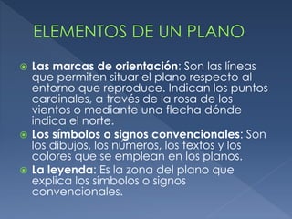  Las marcas de orientación: Son las líneas
que permiten situar el plano respecto al
entorno que reproduce. Indican los puntos
cardinales, a través de la rosa de los
vientos o mediante una flecha dónde
indica el norte.
 Los símbolos o signos convencionales: Son
los dibujos, los números, los textos y los
colores que se emplean en los planos.
 La leyenda: Es la zona del plano que
explica los símbolos o signos
convencionales.
 
