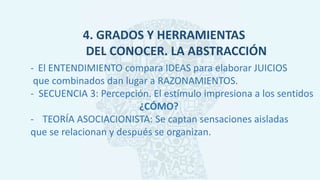 4. GRADOS Y HERRAMIENTAS
DEL CONOCER. LA ABSTRACCIÓN
- El ENTENDIMIENTO compara IDEAS para elaborar JUICIOS
que combinados dan lugar a RAZONAMIENTOS.
- SECUENCIA 3: Percepción. El estímulo impresiona a los sentidos
¿CÓMO?
- TEORÍA ASOCIACIONISTA: Se captan sensaciones aisladas
que se relacionan y después se organizan.
 