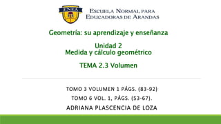 Geometría: su aprendizaje y enseñanza
Unidad 2
Medida y cálculo geométrico
TEMA 2.3 Volumen
TOMO 3 VOLUMEN 1 PÁGS. (83-92)
TOMO 6 VOL. 1, PÁGS. (53-67).
ADRIANA PLASCENCIA DE LOZA
 