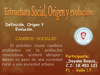 Participante:
_Dayana Roquis_
C.I: 18.453.121
P1 - Valle l.P.
Definición, Origen Y
Evolución.
El petróleo causó cambios
profundos en la población
venezolana, aceleró abrupta-
mente su paso de una sociedad
rural a una sociedad urbana
CAMBIOS –SOCIALES
 