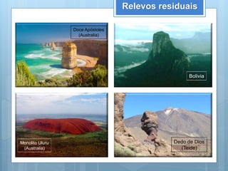 Relevos residuais
Bolivia
Doce Apóstoles
(Australia)
Monolito Uluru
(Australia)
Dedo de Dios
(Teide)
 