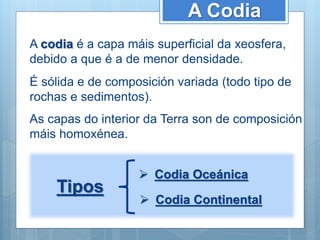 A Codia
A codia é a capa máis superficial da xeosfera,
debido a que é a de menor densidade.
É sólida e de composición variada (todo tipo de
rochas e sedimentos).
As capas do interior da Terra son de composición
máis homoxénea.
Tipos
 Codia Oceánica
 Codia Continental
 