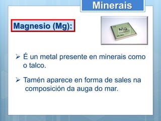 Magnesio (Mg):
Minerais
 É un metal presente en minerais como
o talco.
 Tamén aparece en forma de sales na
composición da auga do mar.
 