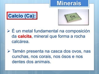 Minerais
Calcio (Ca):
 É un metal fundamental na composición
da calcita, mineral que forma a rocha
calcárea.
 Tamén presenta na casca dos ovos, nas
cunchas, nos corais, nos ósos e nos
dentes dos animais.
 